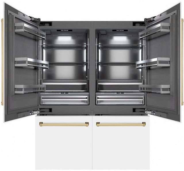 ZLINE Autograph Edition 60" 32.2 Cu. Ft. White Matte Built-In French Door Refrigerator with Water Dispensers, Ice Makers, and Polished Gold Accents-1