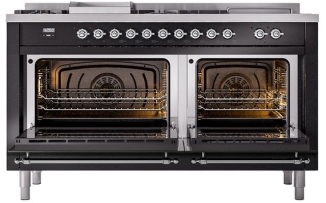 Ilve® Nostalgie II Noblesse 60'' Glossy Black Pro Style Dual Fuel Range with Chrome Trim-2