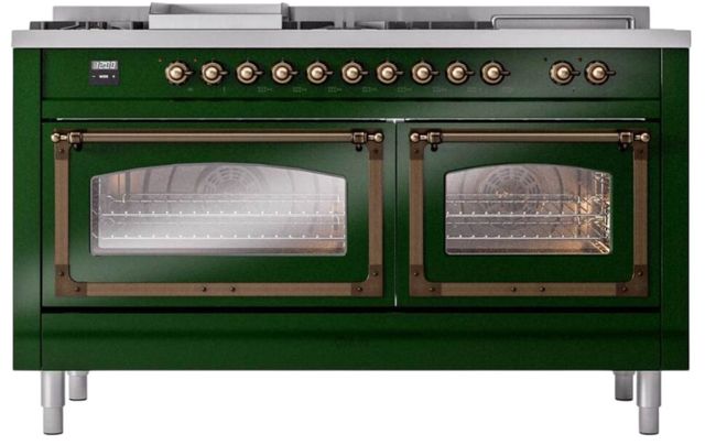 Ilve® Nostalgie II Noblesse 60'' Emerald Green Pro Style Dual Fuel Range with Burnished Trim-1