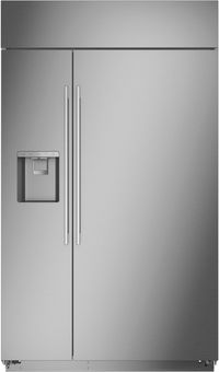 front view of the Monogram® 48 in. 28.6 Cu. Ft. Stainless Steel Built In Counter Depth Side-by-Side Refrigerator