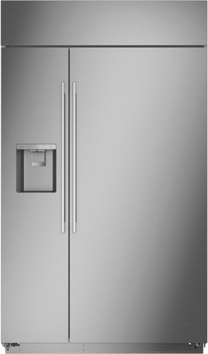 front view of the Monogram® 48 in. 28.6 Cu. Ft. Stainless Steel Built In Counter Depth Side-by-Side Refrigerator