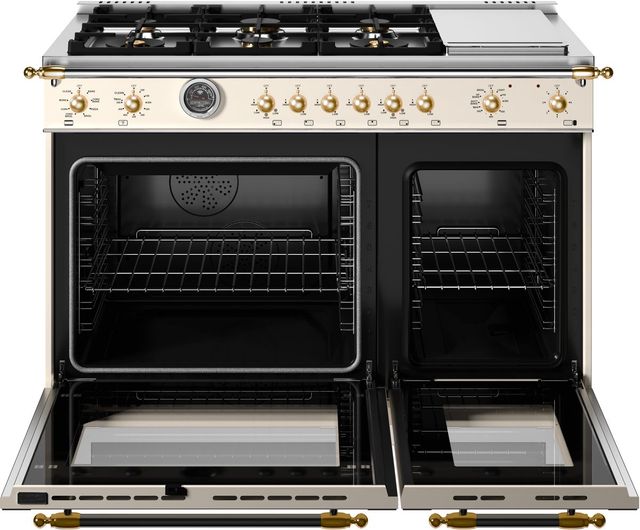 Bertazzoni Heritage Series 48" Fingerprint Resistant Avorio Pro Style Dual Fuel Range with Gold Accents-1