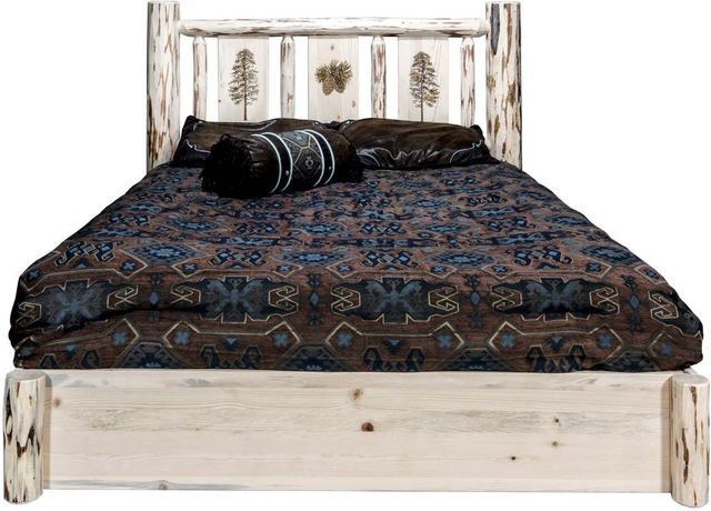 Montana Woodworks® Montana Collection Ready to Finish King Platform Storage Bed with Laser Engraved Pine Design-1