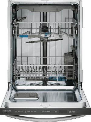 Front view of the opened Frigidaire Gallery® 24" Smudge-Proof™ Stainless Steel Top Control Built In Dishwasher