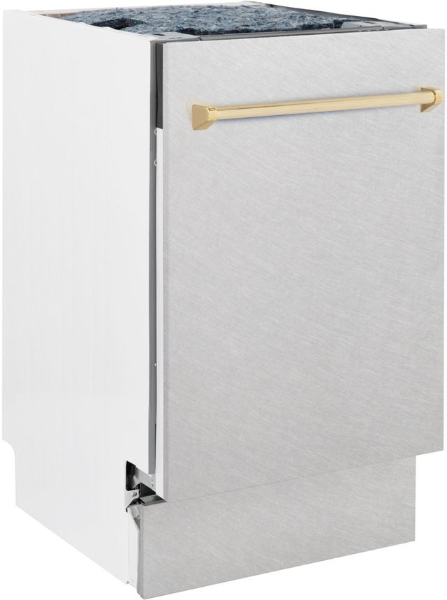 ZLINE Autograph Edition 18" Satin Stainless Steel Built In Dishwasher with Polished Gold Handle-2