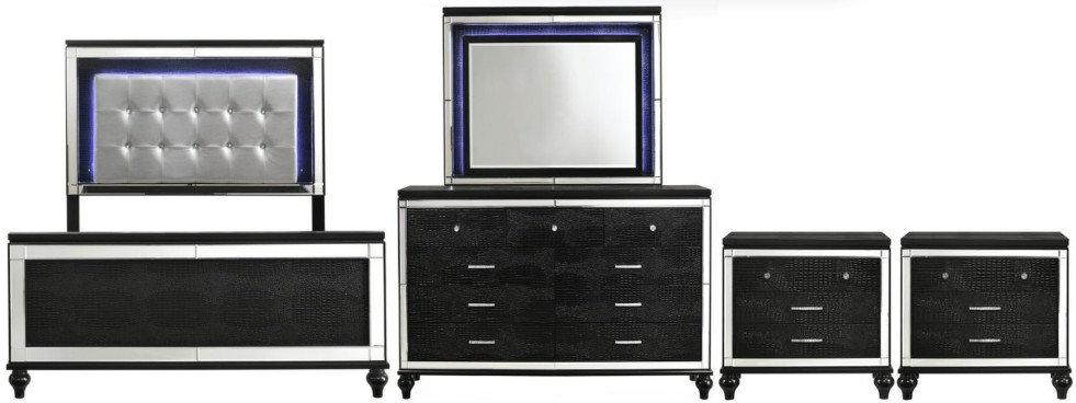 New Classic® Home Furnishings Valentino 5-Piece Black Queen Upholstered Bedroom Set with Two Nightstands