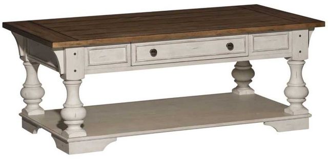 Liberty Furniture Morgan Creek Wirebrushed Tobacco 52" Cocktail Table with Antique White Base-0