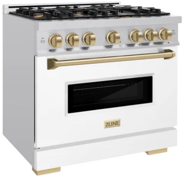 ZLINE Classic Autograph Edition 36" Stainless Steel Pro Style Gas Range with White Matte Door and Champagne Bronze Accents-2