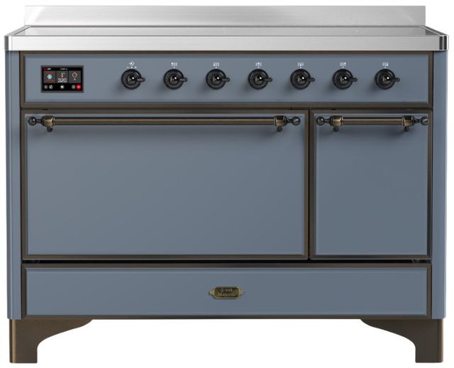 Ilve® Majestic III 48" Blue Gray Pro Style Induction Range with Solid Door and Burnished Trim-0