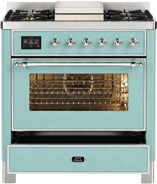Ilve Majestic III 36” Mediterranean Mint Freestanding Liquid Propane Dual Fuel Range with 6 Black Brass Burners and Griddle