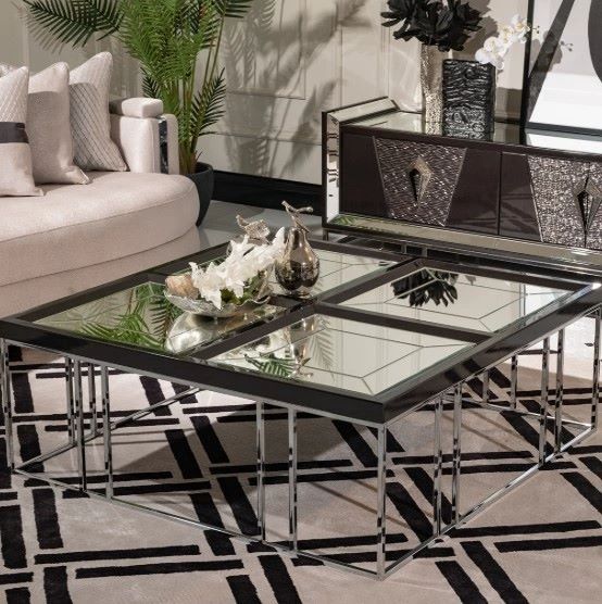 Michael Amini® Carmela Glossy Charcoal Sand Cocktail Table with Chrome Base-1