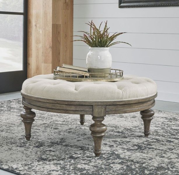 Liberty Furniture Americana Farmhouse Beige/Dusty Taupe Round Cocktail Ottoman-1