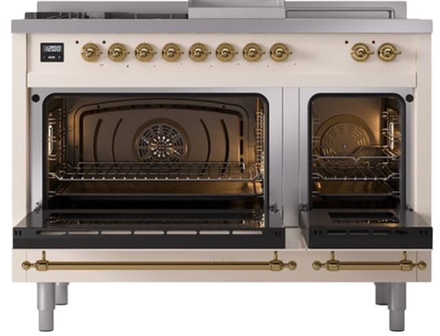 Ilve® Nostalgie II Noblesse 48'' Antique White Pro Style Dual Fuel Range with Brass Trim-1