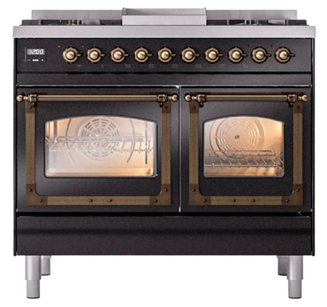 Ilve® Nostalgie II Noblesse 40'' Glossy Black Pro Style Dual Fuel Range with Burnished Trim-1