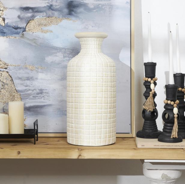 Deco Marche Cream Ceramic Textured Vase with Checkered Pattern-4