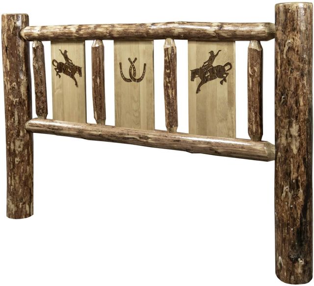 Montana Woodworks® Glacier Country Stained and Lacquered Queen Headboard with Laser Engraved Bronc Design-2
