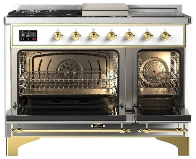 Ilve® Majestic III 48" Custom Pro Style Dual Fuel Liquid Propane Range with Triple Glass Door and Brass Trim-1