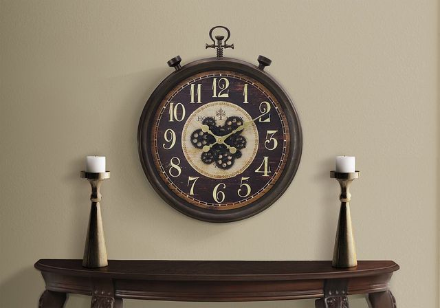Monarch Specialties Inc. Brown 24" Round Wall Clock with Standard Numbers on Beige/Black Background-2