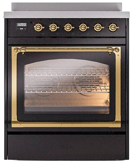 Ilve® Nostalgie II Noblesse 30'' Glossy Black Pro Style Induction Range with Brass Trim-1