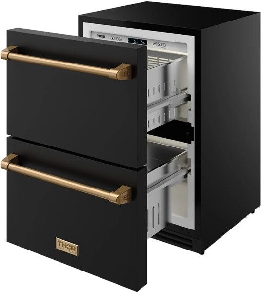 Thor Kitchen Gordon Ramsay Collection 24” 5.4 Cu. Ft. Anti-Fingerprint Black Built-In or Freestanding Under the Counter Refrigerator Drawer with Bronze Handle-4