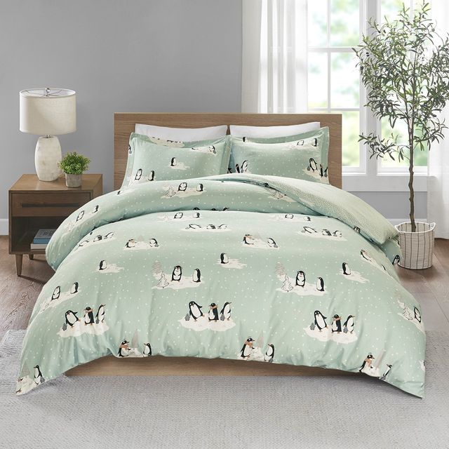 Olliix by True North by Sleep Philosophy Aqua Penguins King/California King Cozy Flannel Duvet Set-0