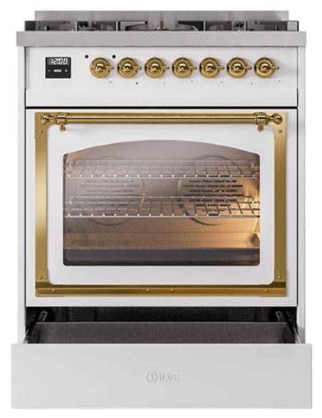 Ilve® Nostalgie II Noblesse 30" White Pro Style Dual Fuel Range with Brass Trim-3