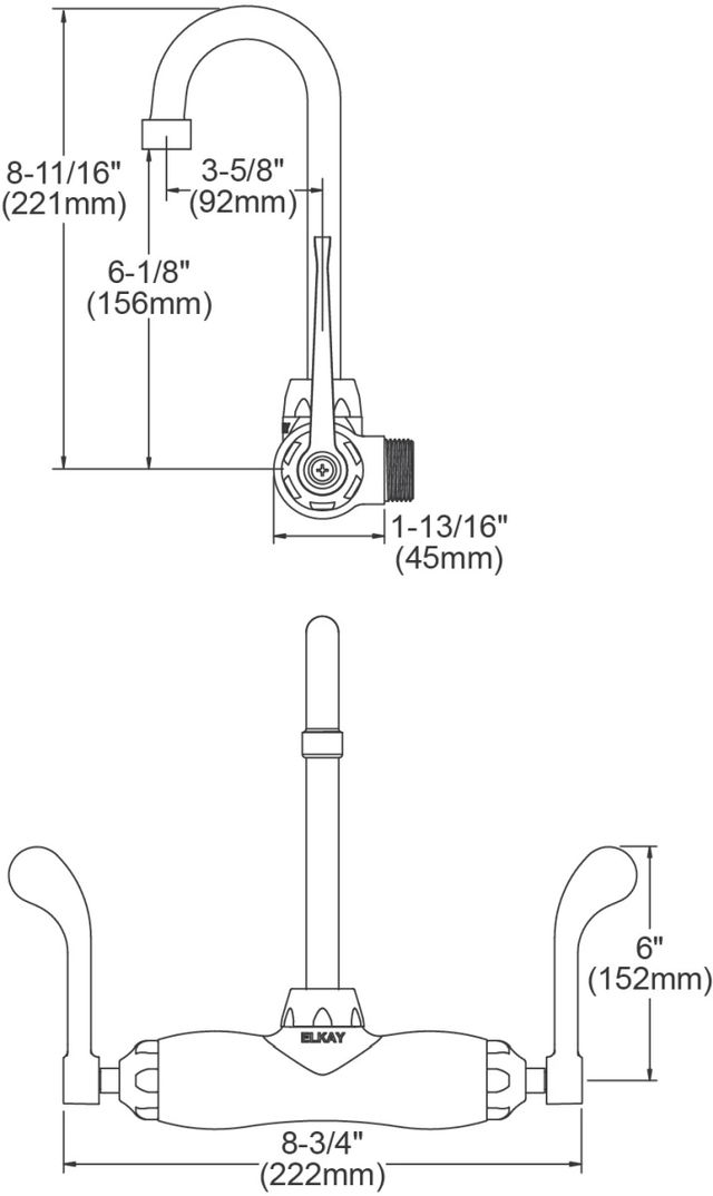 Elkay Chrome Foodservice 3-8" Adjustable Centers Wall Mount Faucet with 4" Gooseneck Spout and 6" Wristblade Handle-1