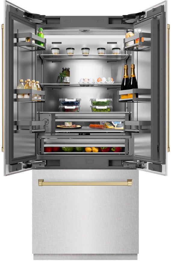 ZLINE Autograph Edition 36" 19.6 Cu. Ft. Satin Stainless Steel Built-In French Door Refrigerator with Champagne Bronze Accents-3