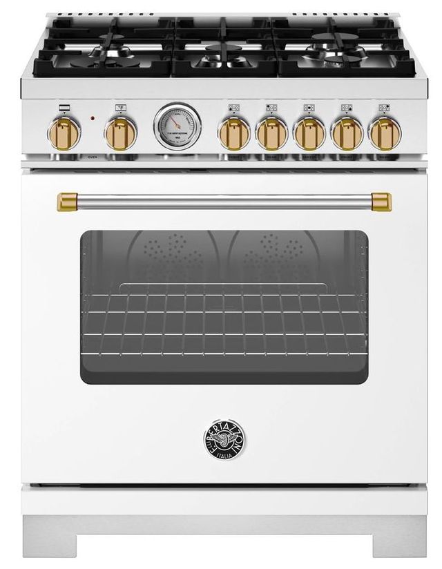 Bertazzoni Master Series 30" Fingerprint Resistant Bianco Matt Pro Style Gas Range with Gold Accents-0