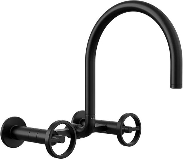 KOHLER® Billet® Matte Black 12" 2-Hole Wall-Mount Bridge Kitchen Sink Faucet with Round Handles-0