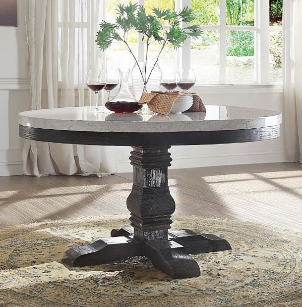 ACME Furniture Nolan Round White Marble Top Dining Table with Salvage Dark Oak Base-1