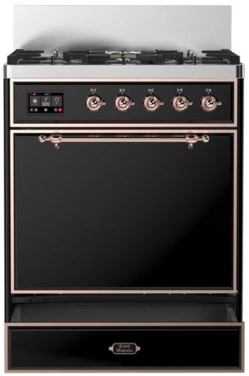 Ilve® Majestic III 30" Glossy Black Pro Style Dual Fuel Natural Gas Range with 5 Black Brass Burners and Copper Trim-2
