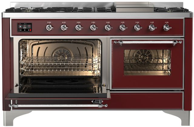 Ilve® Majestic III 60" Burgundy Pro Style Dual Fuel Liquid Propane Range with Triple Glass Door and Chrome Trim-2