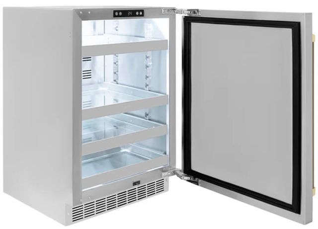 ZLINE Autograph Edition Touchstone 24 " 5.2 Cu. Ft. Stainless Steel 151 Can Beverage Fridge with Solid Door and Champagne Bronze Helix Handle -3