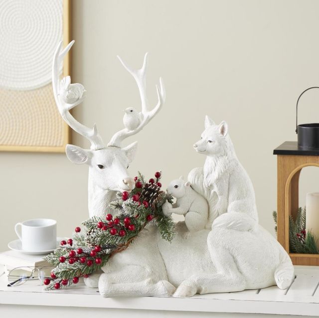Deco Marche White Reindeer Textured Holiday Christmas Sculpture with Birds, Fox, Squirrel, and Holly Accent-3