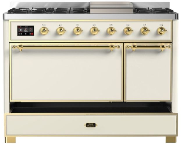 Ilve® Majestic III 48" Antique White Pro Style Dual Fuel Natural Gas Range with Solid Door and Brass Trim-2