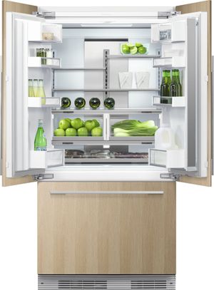 front view of the opened Fisher & Paykel Series 7 36 in. 16.8 Cu. Ft. Panel Ready Built In French Door Refrigerator