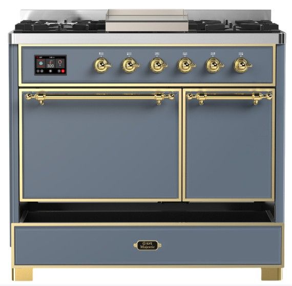 Ilve® Majestic III 40" Blue Gray Pro Style Dual Fuel Liquid Propane Range with Solid Door and Brass Trim-2
