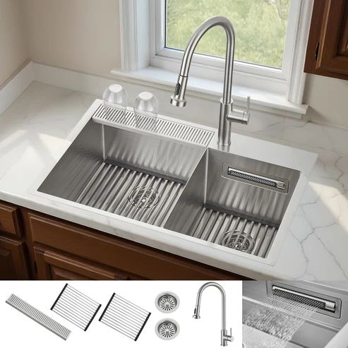 Forno Acqua MultiSINK Stainless Steel 10" Dual Mount Double Bowl Sink with Waterfall Faucet-0