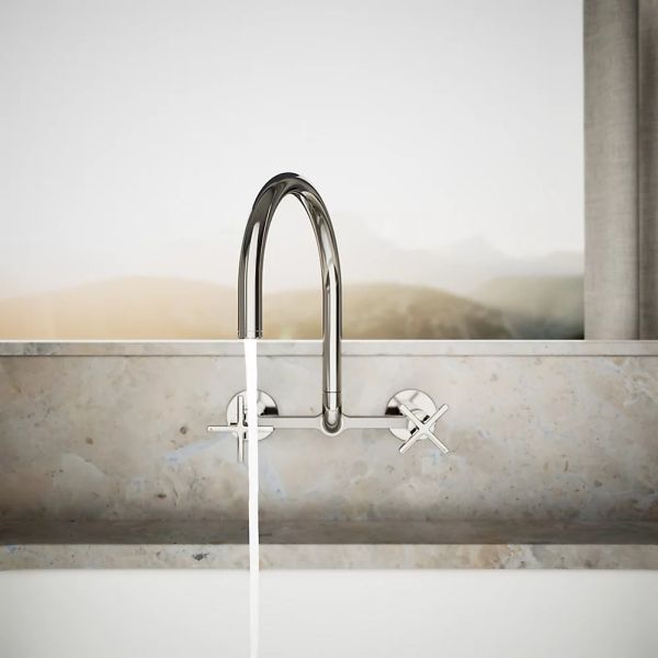 KOHLER® Billet® Vibrant Polished Nickel 12" 2-Hole Wall-Mount Bridge Kitchen Sink Faucet with Cross Handles-2