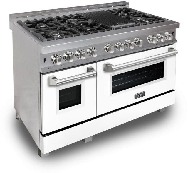 ZLINE 48" Satin Stainless Steel Pro Style Dual Fuel Range with White Matte Door-3