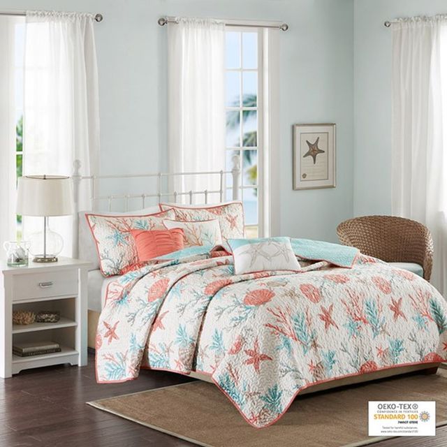Olliix by Madison Park Coral King/California King Pebble Beach 6 Piece Cotton Sateen Reversible Coverlet Set-4