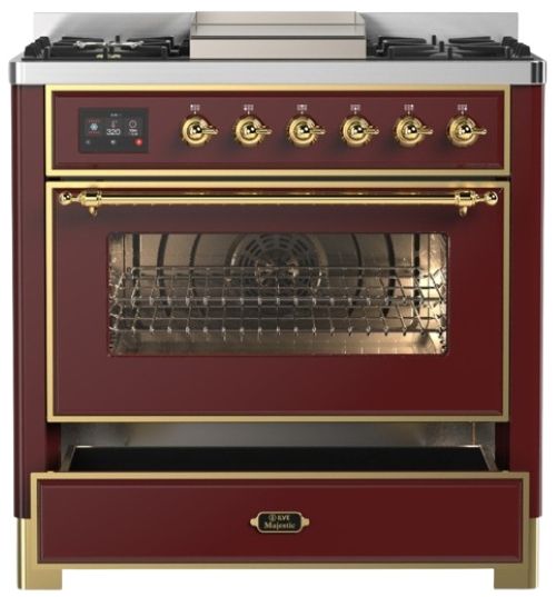 Ilve® Majestic III 36" Burgundy Pro Style Dual Fuel Liquid Propane Range with 6 Black Brass Burners and Brass Trim-2