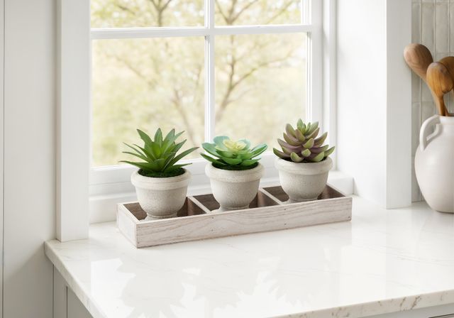 Monarch Specialties Inc. 3-Piece 6" Succulent Artificial Plant Set in 4" Beige Pots and Wood Tray-0