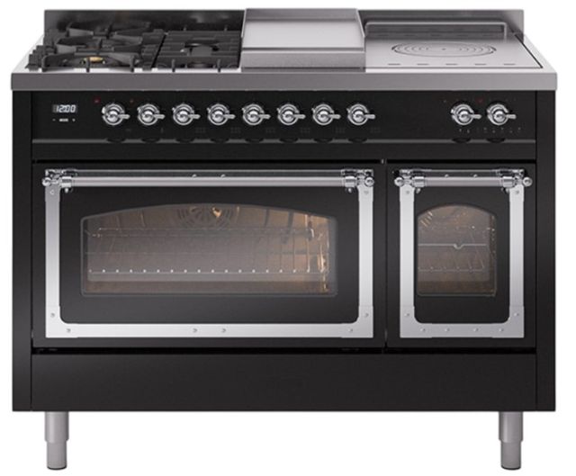 Ilve® Nostalgie II Noblesse 48'' Glossy Black Pro Style Dual Fuel Range with Chrome Trim-0