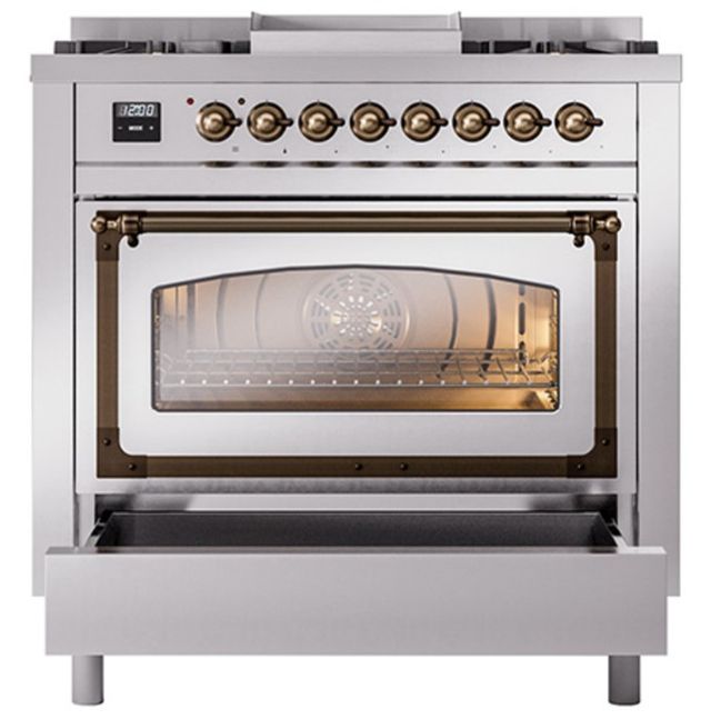 Ilve® Nostalgie II Noblesse 36'' Stainless Steel Pro Style Dual Fuel Range with Burnished Trim-3