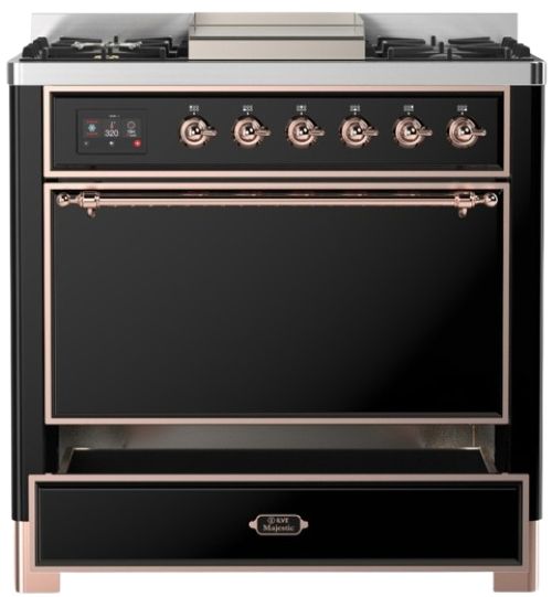 Ilve® Majestic III 36" Glossy Black Pro Style Dual Fuel Natural Gas Range with Solid Door and Copper Trim-2