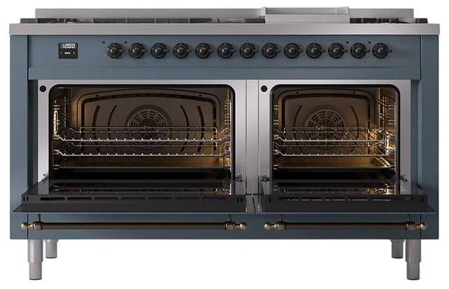 Ilve® Nostalgie II Noblesse 60'' Blue Gray Pro Style Dual Fuel Range with Burnished Trim-2