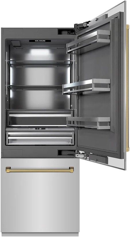 ZLINE Autograph Edition 30" 16.1 Cu. Ft. Stainless Steel Built In Bottom Freezer Refrigerator with Water Dispenser, Ice Maker, Graphite Gray Interior and Polished Gold Helix Handles-2