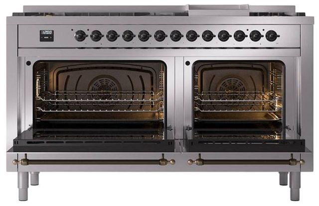 Ilve® Nostalgie II Noblesse 60'' Stainless Steel Pro Style Dual Fuel Range with Burnished Trim-2